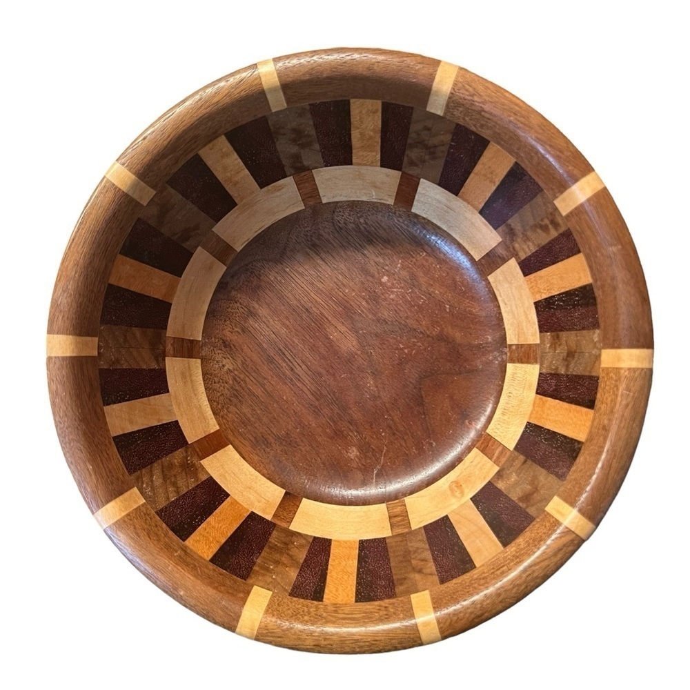 Vintage Handmade Medium-sized Cottagecore Multi Wood Turned Art Bowl